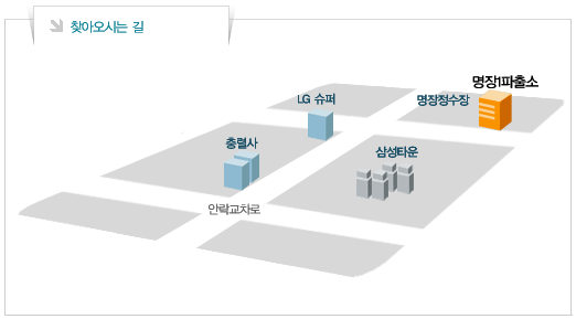 안락교차로에서 직진하여 삼성타운을 지나 명장정수장보이면 우회전하여 옆건물에 명장1파출서 위치하고 있습니다