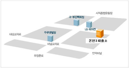 사직종합운동장에서 미남교차로 사이 LG에어컨 맞은편 온천3파출소 위치하고 있습니다