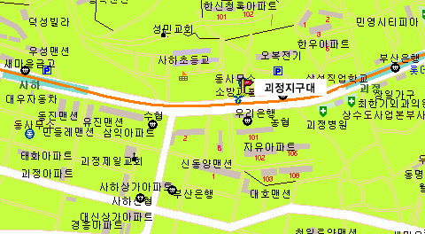 삼익아파트를 지나 우리은행 맞은편 동사무소  옆 괴정지구대 위치하고 있습니다